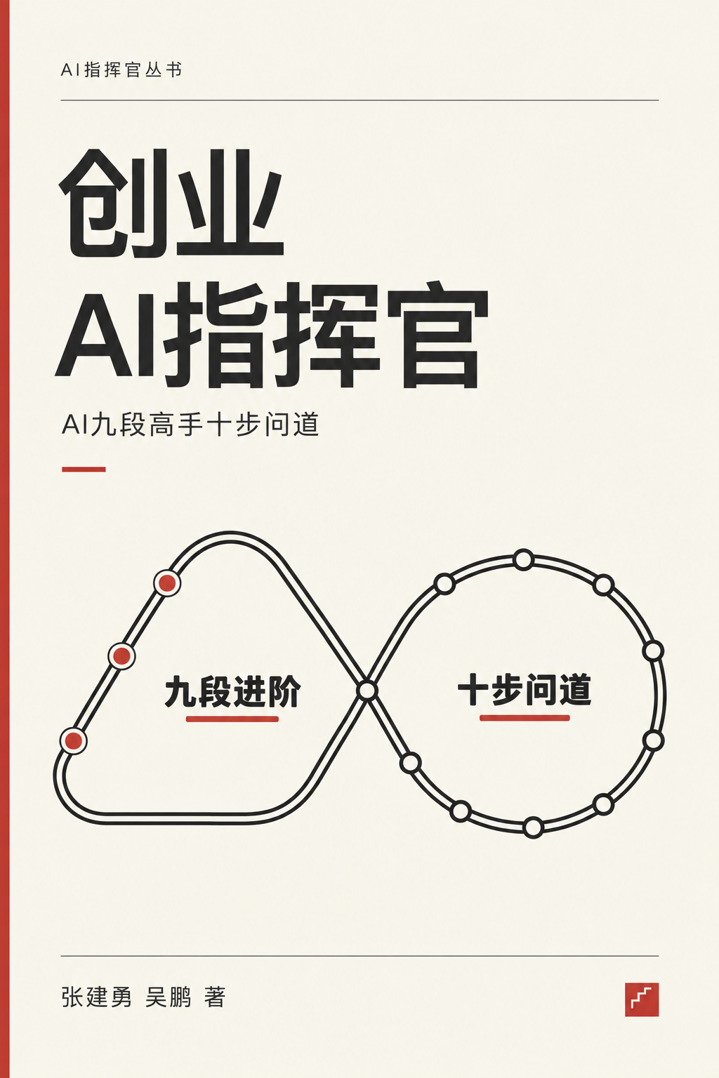 《创业AI指挥官》罗盘版封面，左侧九段进阶轨道与右侧十步问道圆环交汇，张建勇、吴鹏著